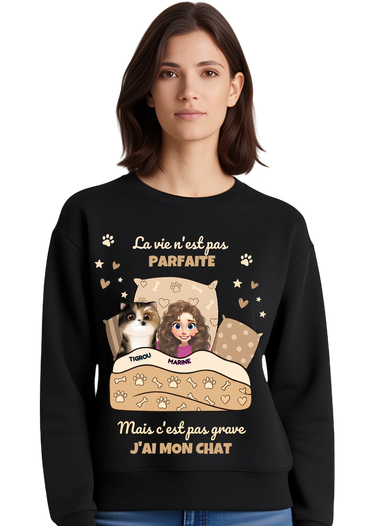 Sweatshirt personnalisé « J'ai mon Chat » noir — vue de face